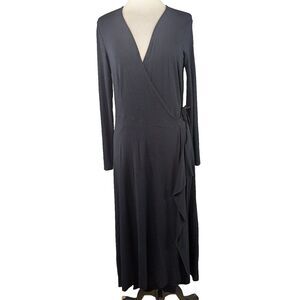Basic Thread Maxi Dress Black Maxi Wrap Long Sleeve V Neck Goth Stretch Sz M NWT